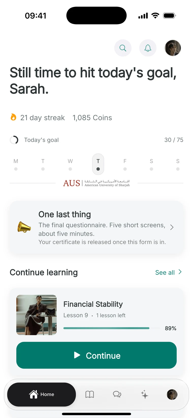 The Today screen with streak, daily goal and the next lesson.